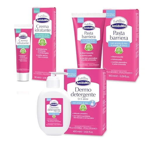 Euphidra – Feuchtigkeitsspendendes und schützendes Set für Neugeborene mit Schutzpaste, Feuchtigkeitscreme und Hautreinigungsmittel auf Basis von Reisstärke und Hyaluronsäure, beruhigend und sanft.