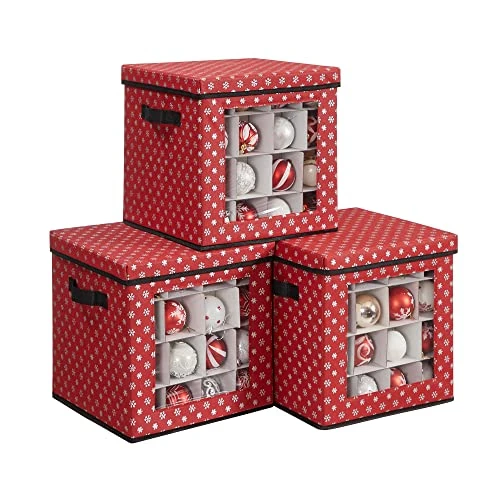 SONGMICS Christmas Bauble Storage Boxes, Set of 3 Storage Cube Bins for Christmas Decorations, 64 Box Places, Modular Dividers, 30.5 x 30.5 x 30.5 cm, Red RFB029R01