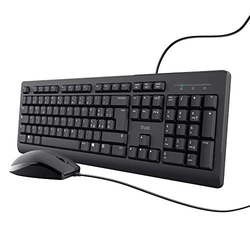 Trust Taro - Teclado y ratón USB con cable, diseño italiano QWERTY para PC, portátil, Mac, Windows, cable de 1,8 m, teclado resistente a líquidos, ergonómico, color negro