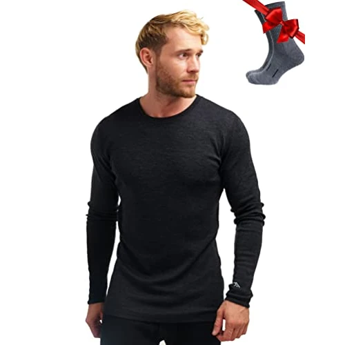 Limitiertes Angebot: 100% Merino Unterwäsche Herren - Merino Langarmshirt Herren Atmungsaktiv Und Feuchtigkeitsableitend Mittel + Wollsocken (Large, Charcoal Gray 250) von 61.99 EUR auf 61.99 EUR (Spare 0%)