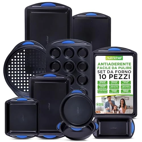 NutriChef Set 10 Pezzi Teglie da Forno in Acciaio al Carbonio con Manici in Silicone, Pirofila da Forno, Teglie Forno, Muffin, Pizza, Facile da Pulire