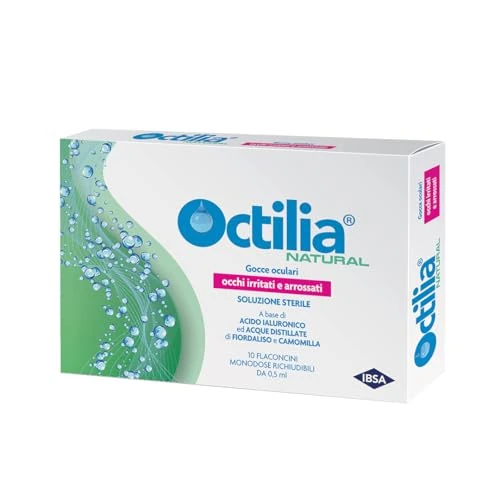 Octilia Natural oogdruppels, hyaluronzuur, oogdruppels, gedestilleerd water van korenbloem en kamille, druppels voor geïrriteerde en rode ogen, in 10 hersluitbare flessen van 0,5 ml