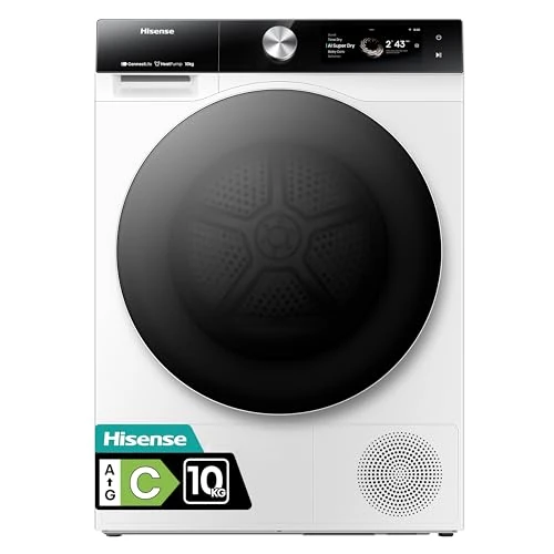 Hisense DH7S107BW suszarka do włosów, klasa A+++, 10 kg, ekran dotykowy, łączność WiFi, monitor zużycia, funkcja odświeżania jonów, automatyczne wysychanie, szybkie suszenie, biały