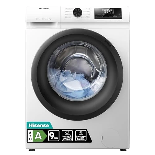 Hisense WFQE9014EVJM pralka ładująca z przodu, 9 kg, 1400 obr./min, klasa A, 15 programów, para, wyświetlacz LED, szybki program, opóźniony start, blokada dziecka