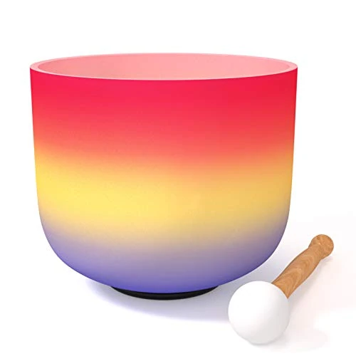 KELIODY Singing Bowl - 440Hz, 20CM C Note Rainbow Red Crystal Bowl for Root Chakra - Frosted Quartz, O-Ring & Mallet Included - Yoga Gifts