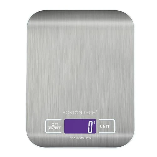 Boston Tech Báscula de Cocina Digital - Acero Inoxidable, Alta Precisión, Impermeable, Capacidad 5kg, Pantalla LCD, Función Tara, Recetario Incluido (HK105)