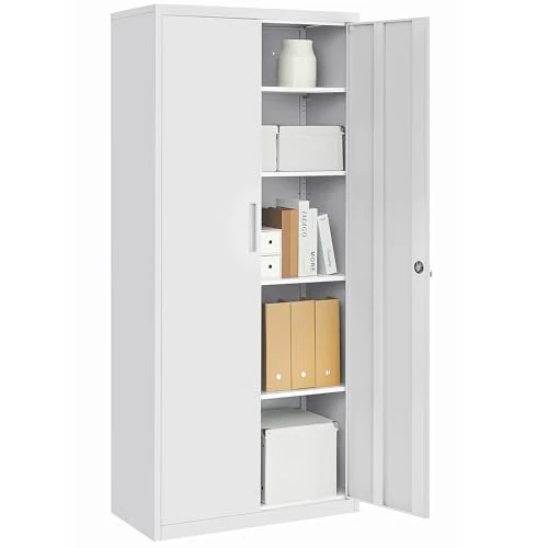 SONGMICS Aktenschrank, Mehrzweckschrank, Stahl-Aufbewahrungsschrank, 5 Ebenen, Doppeltüren, Schloss, Werkzeugschrank, verstellbare Ablagen, Garage, Büro, Wohnzimmer, grau OMC015G01