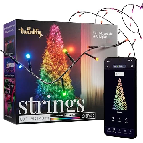 Offerta a tempo: Twinkly Strings 600 LED RGB, Striscia di Luci LED per Esterno e Interno, Luci Smart Multicolore, Compatibile con Alexa e Google Home, Luci Mappabili, IP44, Controllo App, Filo Nero, 48m - 36% da 132.93 € a 85.45 €