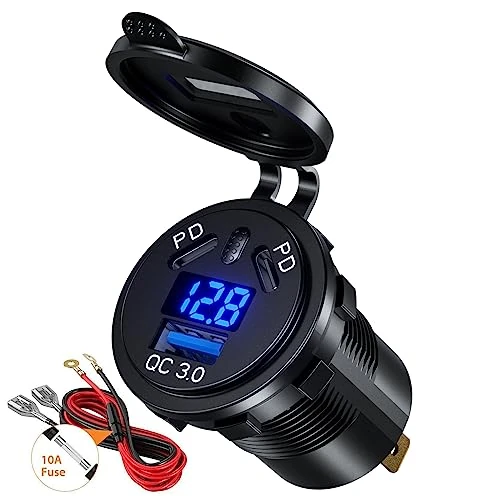 Offerta a tempo: 108W Presa Auto Doppia PD Accendisigari 12V, Doppia 45W PD e 18W QC3.0 Caricatore USB C, con Interruttore e Voltmetro, Ricarica Rapida USB C, Impermeabile, Adatto a Moto, Auto, Barche - 0.00% da 17.99 € a 17.99 €