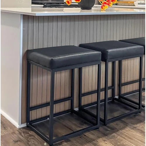 ALPHA HOME Bar Stools Black Counter Height Barstool with Footrest 24inch Backless Bar Chair Pu Leather Kitchen Dining Cafe Chair with Thick Cushion & Sturdy Chromed Metal Steel Frame, 2er