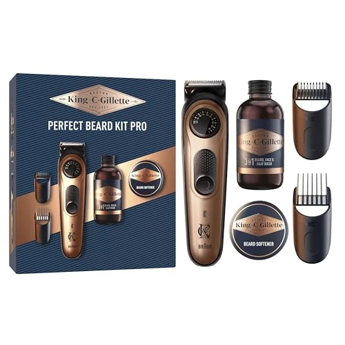 Gillette King C. Cadeauset voor heren, baardverzorgingsset inclusief elektrische professionele trimmer, precisiewiel voor 40 baardlengtes voor een effectieve scheerbeurt, mini-reiniger, mini-balsem, 2