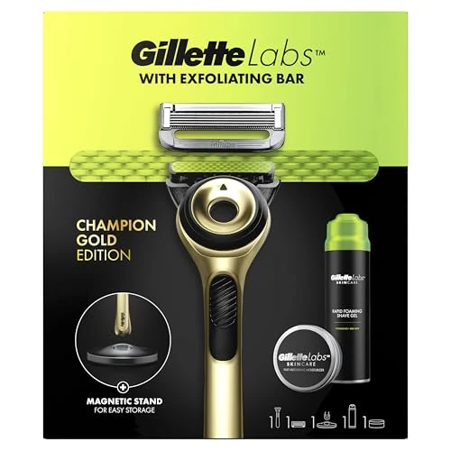 Offre limitée : Gillette Labs Coffret Cadeau Homme, Kit De Rasage Comprenant 1 Rasoir Manuel GilletteLabs Champion Edition A 5 Lames Avec Barre Exfoliante, Gel A Raser, Soin Hydratant A La Vitamine B3 Pour La Peau de 54.99 EUR à 27.99 EUR (remise 49%)