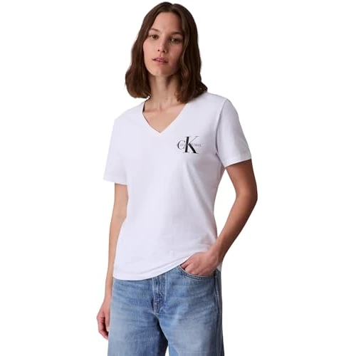 Calvin Klein T-Shirts Manches Courtes Lot de 2 Femme Logo Tee avec Col en V, Blanc (Brilliant White), XS