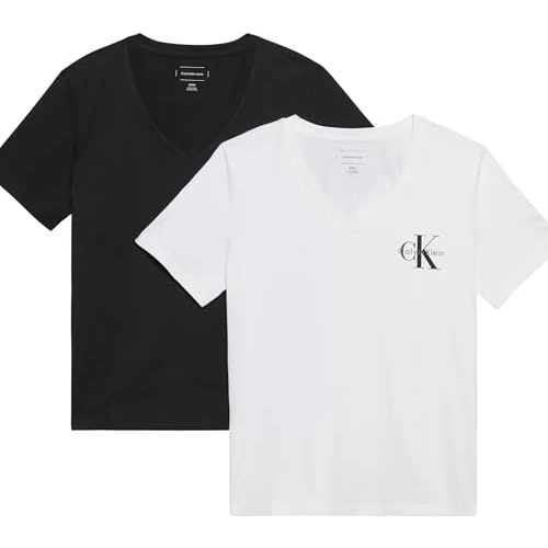 Calvin Klein Women’s 2 Pack Short Sleeve V-Neck Logo T-Shirts, Multicolor (Black/Brilliant White), 3XS
