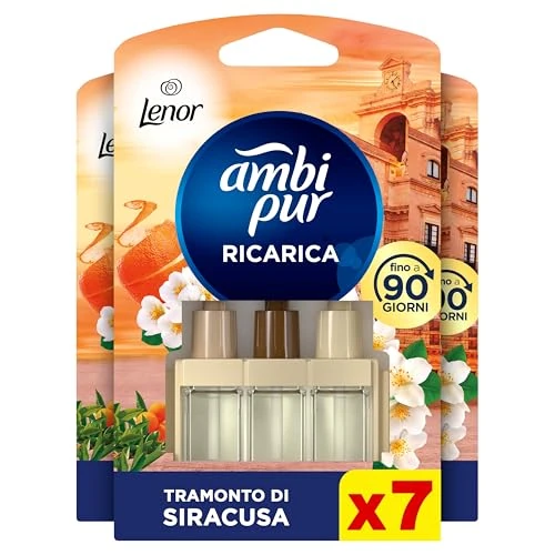Ambi Pur 3Volution Profumatore per Ambienti, 7 Ricariche per Diffurore Elettrico, Fragranza Lenor Arancia, Tecnologia Elimina Odori, Fino a 90 Giorni di Profumo per Ricarica