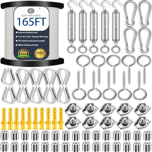 Offerta a tempo: 95Pcs Acciaio Inossidabile Corda Appesa Kit, Corda in acciaio zincato con guaina in ，Kit per Appendere le Luci, Outdoor String Light Suspension Kit, Fune Cavo con Tenditore e Ganci - 5% da 38.29 € a 36.38 €