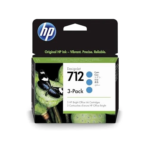 HP 712 3ED77A, Confezione da 3 Cartucce Originale, Compatibile con Stampanti DesignJet T650, T630, T250, T230, Serie Studio, Ciano
