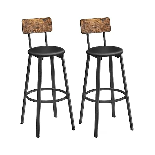 VASAGLE Bar Chairs, Set of 2, High Stools, Padded Seats, 39 x 39 x 100 cm, Footrest, Easy Assembly, Industrial Style, for Kitchen, Dining Room, Rustic Brown and Black LBC069B81