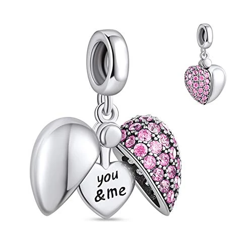NINGAN Pendente in argento 925 fascino d'amore con zircone lucido ‘i love you’ beading adatto per il regalo della collana del braccialetto delle donne (Rosa)