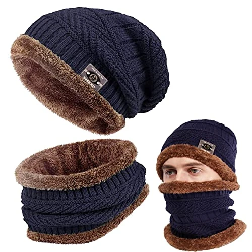 FCHITOP Men's Winter Hat Knitted Hat with Scarf 2 Pieces Outdoor Ski Hat and Set - Blue - One size