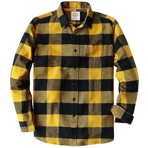 Dubinik® Flannel Shirt for Men Plaid Mens Button Down Long Sleeve Shirts Soft Pure Cotton Casual Cozy Regular Fit Black Yellow XL