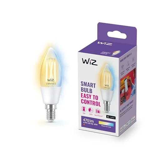 WiZ Tunable White LED Lampe E14 (470 lm), 40 W transparente Filament Lampe mit warm- bis kaltweißem dimmbarem Licht, smarte Lichtsteuerung über WLAN per Stimme/App
