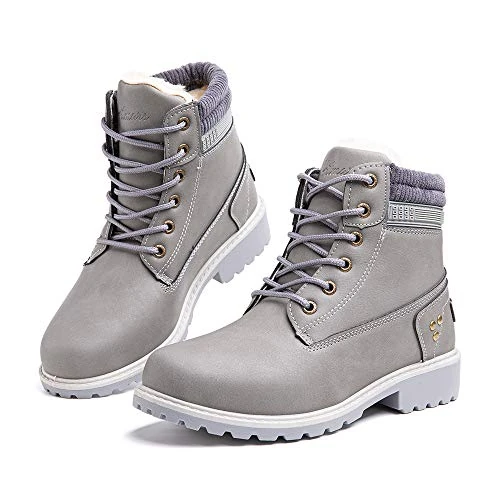 Offerta a tempo: Hitmars Stivali Invernali Donna Bassi Caldi Foderato di Pelliccia Scarpe da Inverno PU Vamp Stivaletti da Neve Stringate Piatto 3.2 CM 3 Grigio Taglia 43 EU - 30% da 39.99 € a 27.99 €