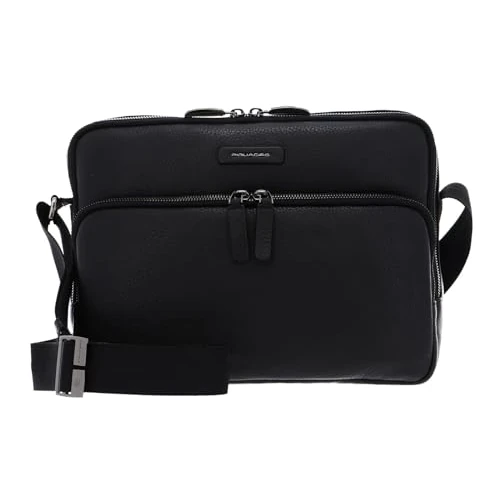 PIQUADRO Herenmode lederen schouderriem, 2 lederen vakken, Nero, zwart, One size