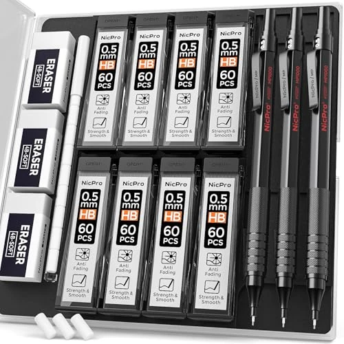 Offerta a tempo: Nicpro matite meccaniche da 0,5 mm, 3 matite automatiche in metallo nero con 6 tubi, mine HB e 3 gomme per scrivere disegnare, disegnare, disegnare, schizzare, venire con custodia - 0.00% da 14.99 € a 14.99 €