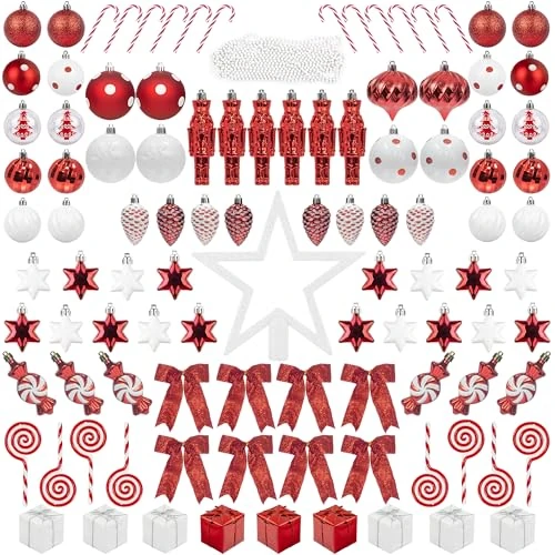 Offerta a tempo: 105 Pezzi di Decorazioni per L'Albero di Natale Set di Ornamenti in plastica, comprese Le Palline per Albero di Natale, Fiocchi di Neve, ghiaccioli, Stelle, pigne, ghirlande di Perline (Rosso) - 24% da 44.99 € a 34.29 €