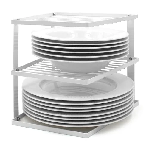 Tijdelijke aanbieding: Bordenrek zonder wiebelen voor opslag in keukenkasten Hoek Bordenrek Kastplank Organisator 25x25x19cm Wit van 21.95 EUR naar 21.95 EUR (korting 0%)