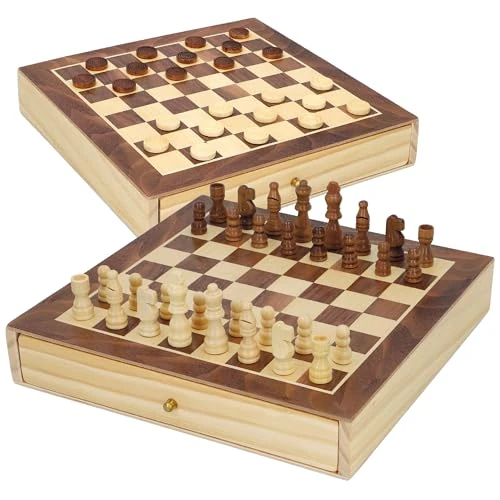 ColorBaby - Chess & Checkers 2 in 1 Wooden Board Games with Drawer CB Games, 30 x 30 cm, Large (45594)