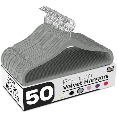 Utopia Home Premium Perchas de Terciopelo Antideslizantes, Duraderas Perchas Negras con Gancho Giratorio de 360 Grados Percha de Gran Resistencia (Gris, Paquete de 50)