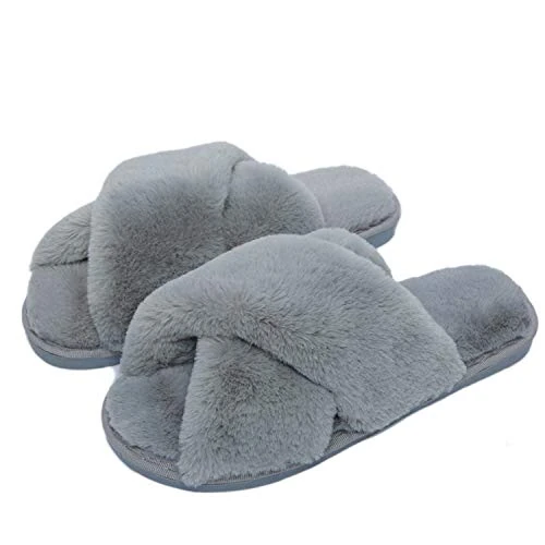 Fadezar Pantoufle Femme Chausson Peluche Chaud Slippers Claquette Fourrure Sandal Bout Ouvert Accueil Chaussures Gris EU 37/38
