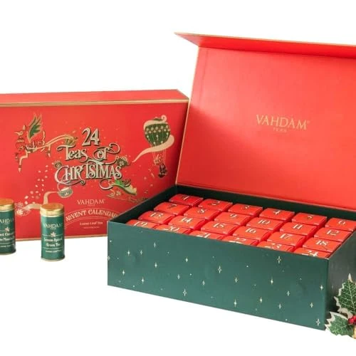 VAHDAM, Kerstmis Adventskalender- 24 Tin Theedoos met Bekroonde Theesoorten in Luxe Geschenkdoos | 100% Natuurlijke Ingrediënten & Kruiden- Beste Vakantiegeschenk, Kerstmis Aftellen Vrolijke Thee Set