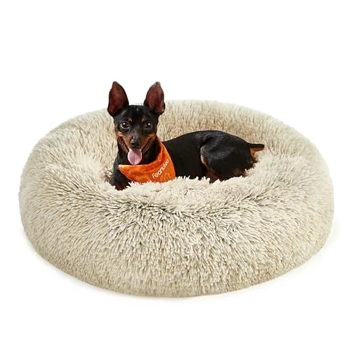 Feandrea donzig hondenbed, kattenmand, donutkussen, wasbaar, uitneembare middenvulling, lang pluche, 60 cm diameter, ombré kaki PGW038S01