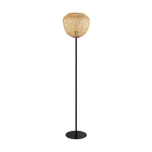 Eglo Floor lamp Dembleby, Vintage and Boho Standing Light Made of Black Steel and Natural Wood, Living Room Lighting with Foot Switch, E27 Socket