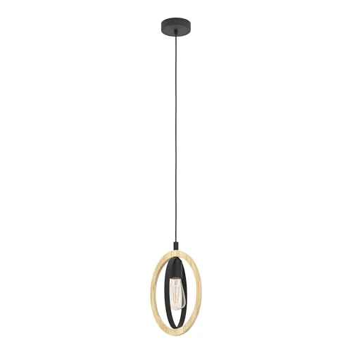Limited-time offer: Eglo Pendant lamp Basildon, 1-Light Hanging lamp Vintage, Industrial, Retro, Pendant lamp Made of Steel and Wood in Black, Natural, Dining Table lamp, Hanging Living Room lamp with E27 Socket from 39.42 GBP to 39.42 GBP (save 0%)