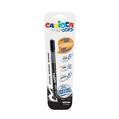 Carioca OOPS – Bolígrafo borrable con tinta termosensible. Contiene 1 bolígrafo. Perfecto para escribir, borrar y volver a escribir. Goma incluída. Trazo 0,7mm. Color Negro