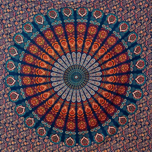 MOMOMUS Tapis/Drap/Tenture Murale Mandala – Art Mural 100% Coton – Idéal comme Tapisserie Murale Mandala, Toile Murale et Tissu Déco pour Yoga - Bleu et Rouge, 210 x 230 cm
