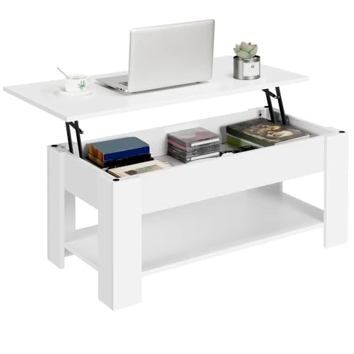Zeitlich begrenztes Angebot: Yaheetech Couchtisch Hebebar Moderner Hebe-Tisch Wohnzimmer Sofa Kaffee mit unterer Ablage 98 x 50 x 42-56 cm Weiß von 63.04 € auf 63.04 € (0.00% Rabatt)