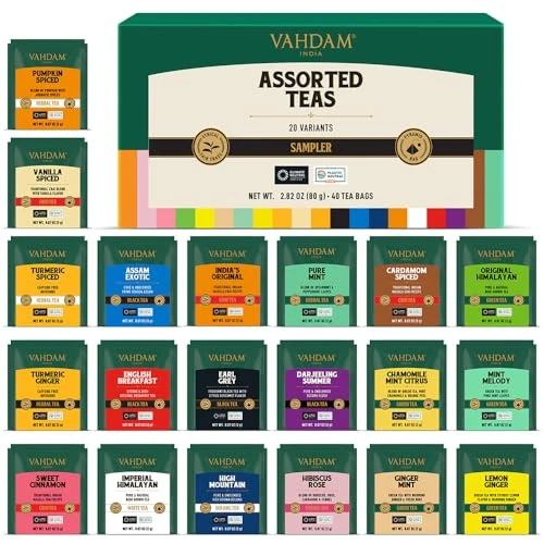 Offerta a tempo: VAHDAM, Set degustazione varietà tè (20 gusti, 40 bustine) – Tè nero, verde, tisane, Chai e altro | Regali di Natale per donne e uomini 2025 - 32% da 19.99 € a 13.55 €
