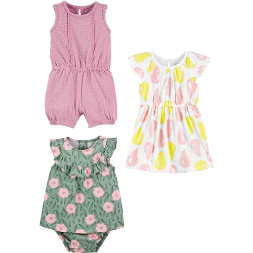 Offerta a tempo: Simple Joys by Carter's 3-Pack Romper, Sunsuit And Dress Pagliaccetti, Fiori/Pere/Pois, 0-3 Mesi (Pacco da 3) Bimba — 61% da 29,49 € a 11,43 €