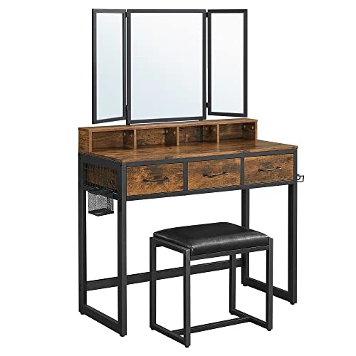 Tijdelijke aanbieding: VASAGLE Onderkastset met gestoffeerde pallet, kaptafel met drievoudige spiegel, 3 laden, haardrogerhouder, kaptafel, industriële stijl, rustiek bruin en zwart RVT004B01 van 121.99 € naar 121.99 € (0.00% korting)