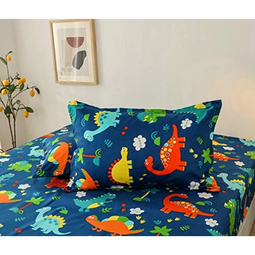 Chickwin Cartoon hoeslaken, antislip, matrashoes, 100% polyester, comfortabel, ademend, hoeslaken, diepe zak, 30 cm, kreukbestendig (dinosaurusblauw, 2 kussenslopen)