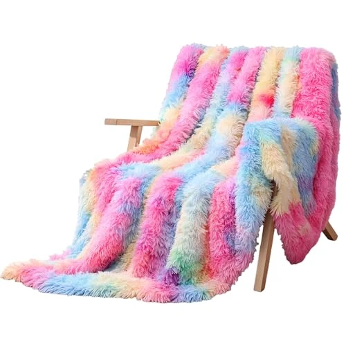 Limited offer: KANKAEU Rainbow Blanket, Fluffy Blanket for Comfort, 160×200cm Rainbow Fleece Throw, Soft & Warm, Easy-Care Faux Fur Throw from 22.91 EUR to 21.99 EUR (save 4%)