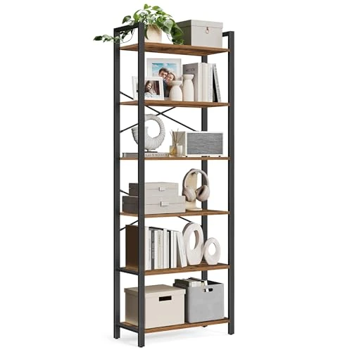 VASAGLE Boekenkast met 6 niveaus, opbergrek, stalen frame, voor woonkamer, studeerkamer, kantoor en gang, hoogte 186 cm, industriële vormgeving, vintage bruin-zwart LLS062B01
