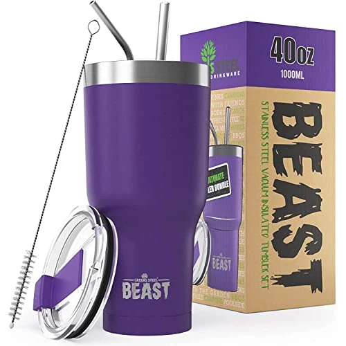 Offre limitee: Beast Tumbler – 1050 ml (40 oz), Violet profond | Gobelet isotherme en acier inoxydable réutilisable | Avec 2 pailles et brosse de nettoyage | Double paroi, idéal pour café chaud ou glacé | Sans BPA de 32.48 EUR a 32.48 EUR (economie 0%)