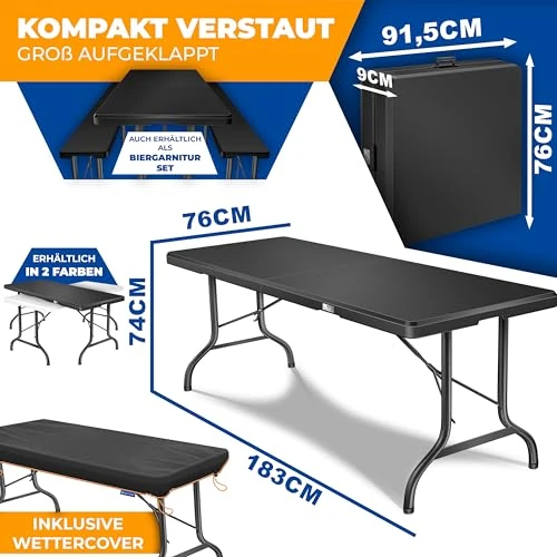 KESSER® Klaptafel Geschikt voor 8 Personen voor Tuin, Terras en Balkon 183x76x74cm | Inklapbare Picknick-Tafel met Draaggreep | Campingtafel weerbestendig Kunststof stalen frame Vouwtafel, Antraciet