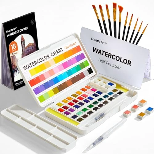 Offerta a tempo: Shuttle Art Set di pittura acquarelli, 48 colori pittura acquarelli, 2 penne per pennelli ad acqua, 10 pennelli, 1 tavolozza, 2 grafici a colori, Kit acquerelli per bambini adulti, artisti - 0.00% da 19.99 € a 19.99 €